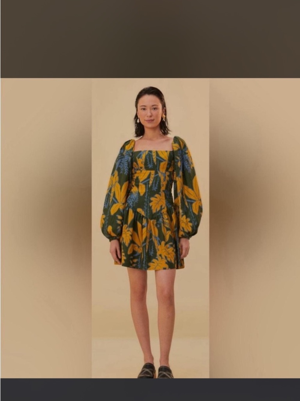Farm Rio Puff Sleeve Mini Dress with Yellow Floral Print Foliage